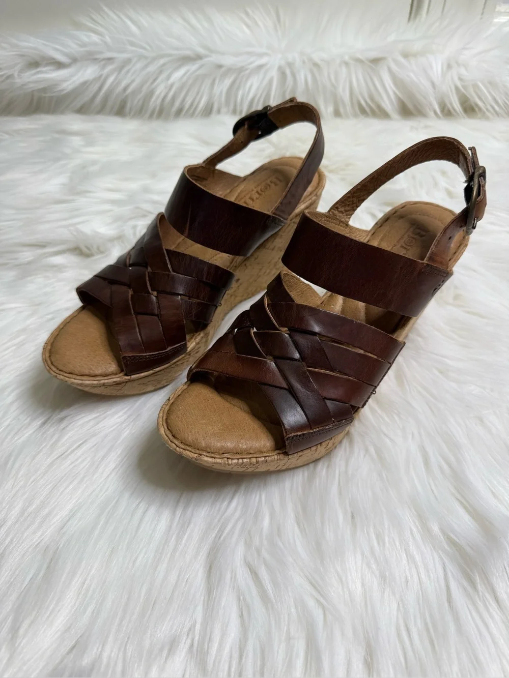 Born Surya Women Brown Leather Woven Slingback Sandals Size 7